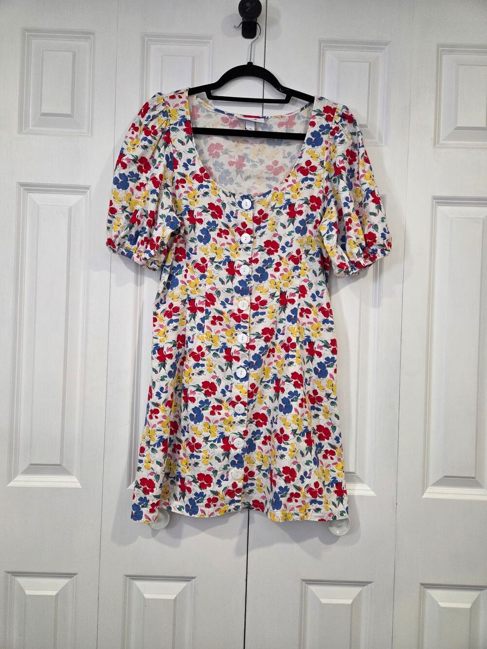 Rixo Target Floral Dress Size 10 Button Front Puff Sleeve Colorful Linen Blend